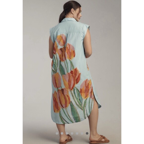 Anthropologie The Lillian Button-Front Midi Dress By Maeve Sz L Blue - Picture 3 of 9